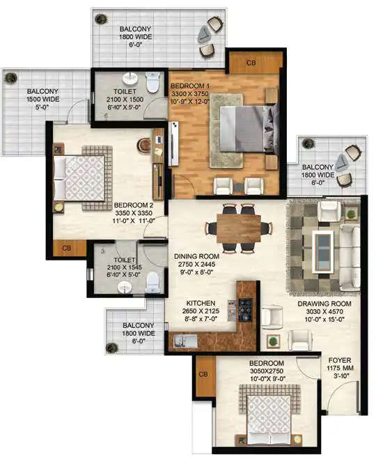 3 BHK + 2T Floor Plan