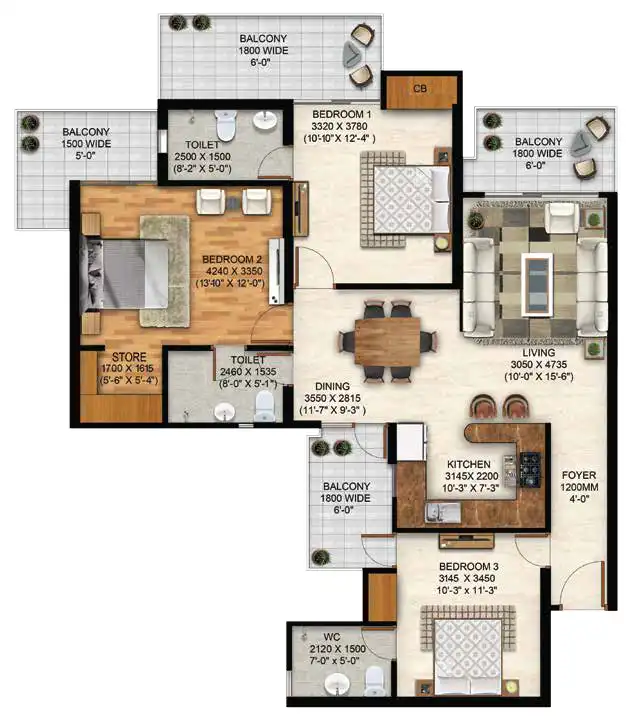 3 BHK + 3T Floor Plan